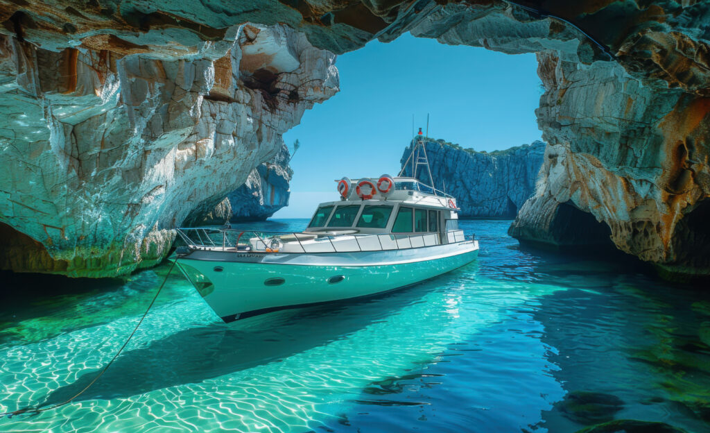 Home tourist boat in bue marino cave in the gulf of orosei, sardinia island, italy